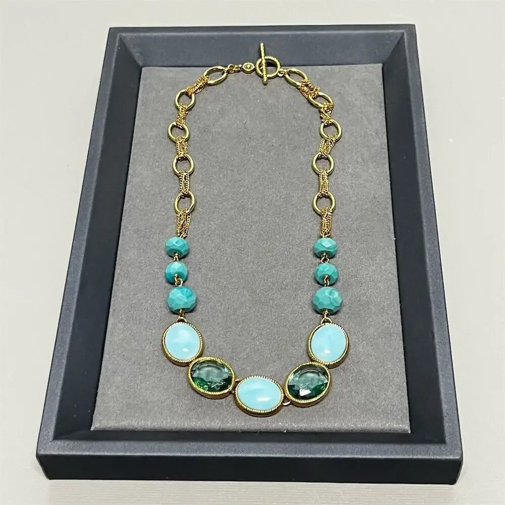 Monet Gold‎ Tone Aqua Cabochon Beaded Necklace 18” Toggle Statement